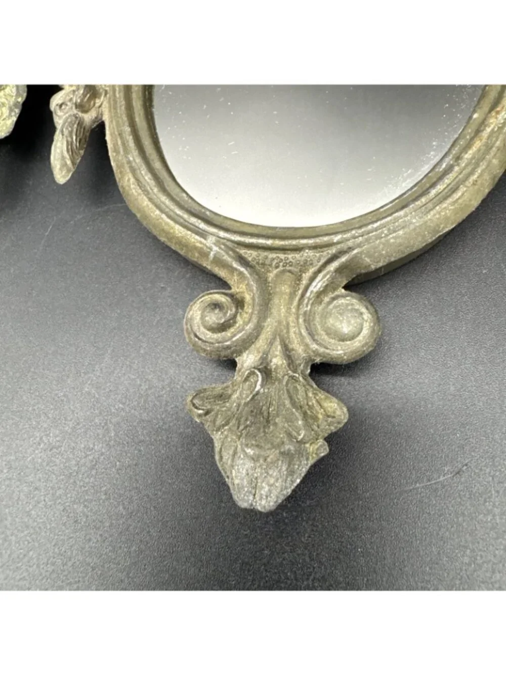VTG 6” Ornate Gold Bronze Wall Hanging Mirror Set Floral Bow Rocco Gallery Italy